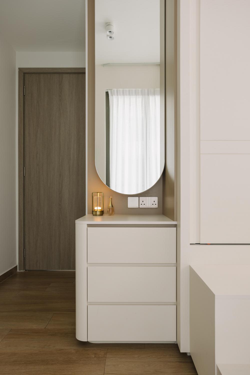 Scandinavian Bedroom with Wood Flooring and Mirror