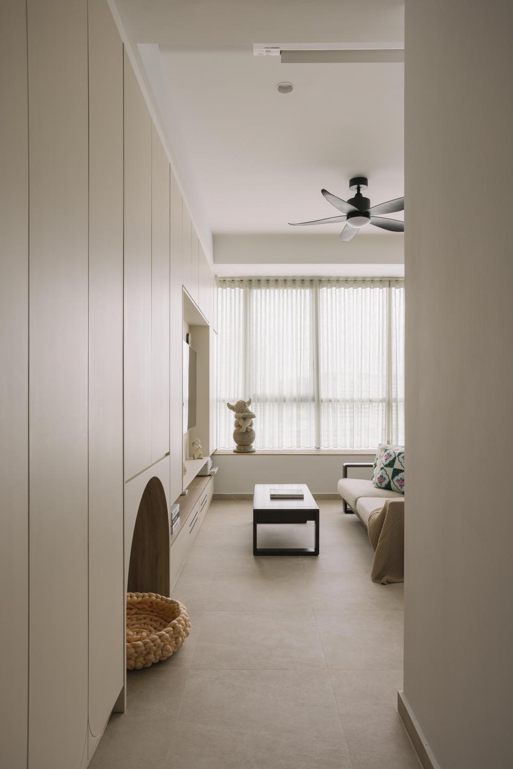 Scandinavian Living Room with Bookshelf and Feature Wall
