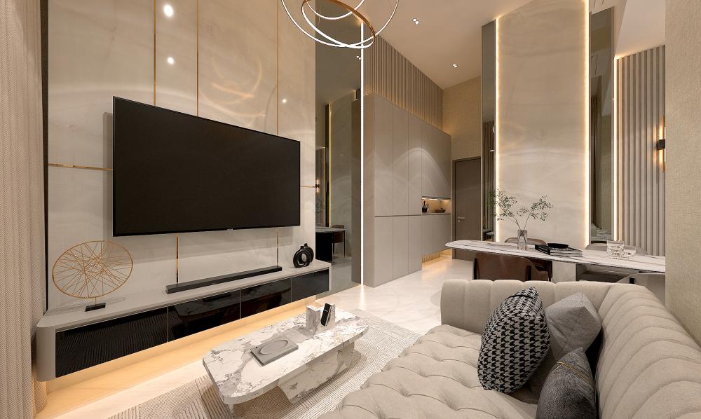 Modern Living Room with TV Console and Feature Wall