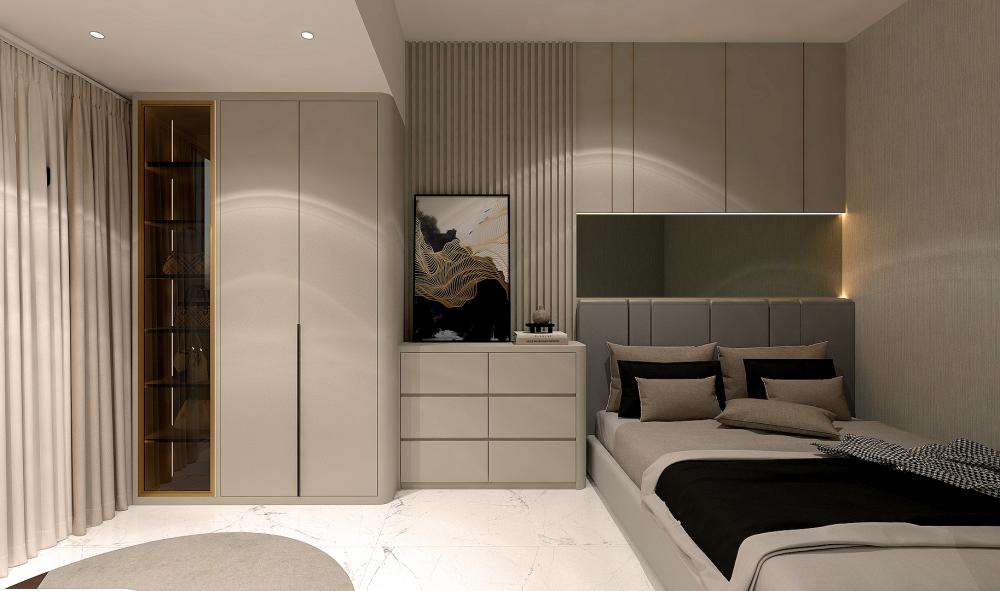 Modern Bedroom with Marble Floor and Drop Ceiling