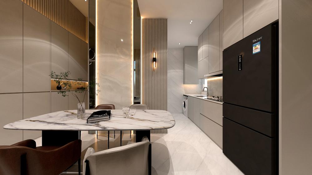 Modern Kitchen with Countertop and Marble Floor