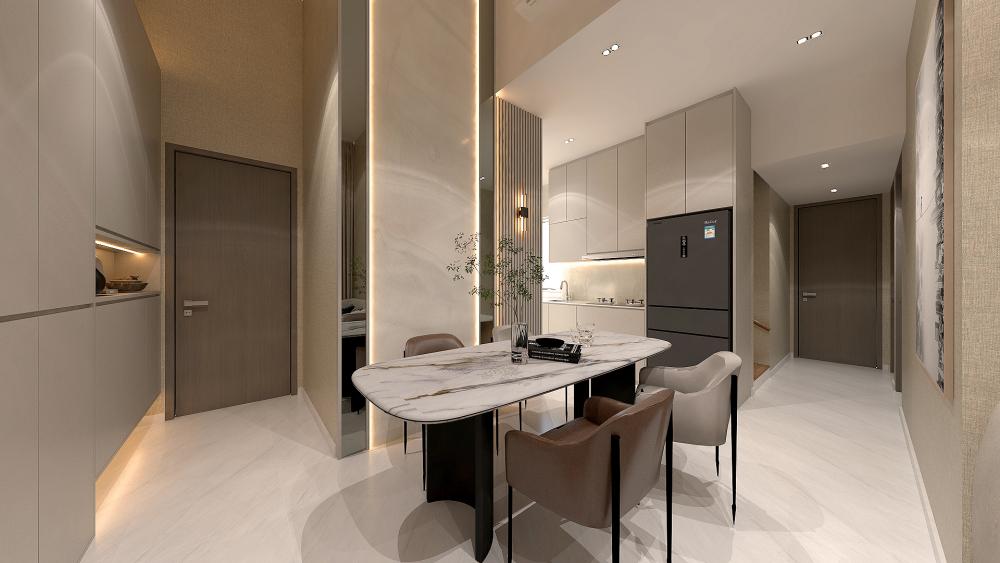 Modern Dining Room with Mirror and Cove Lighting