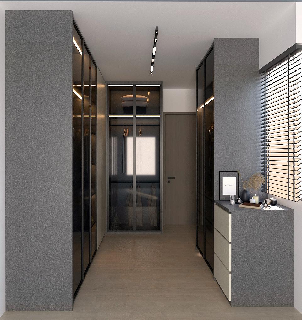 Contemporary Walk-in Wardrobe with Mirror and Cove Lighting