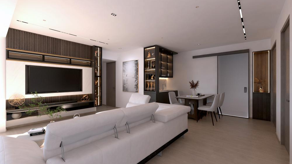 Contemporary Living Room with TV Console and Feature Wall