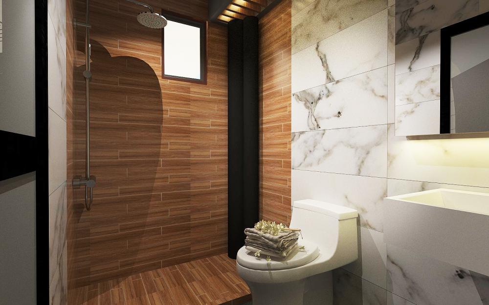 Modern Bathroom with Wood Flooring and Mirror