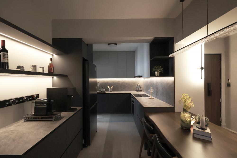 Industrial Kitchen with Kitchen Window and Open Kitchen