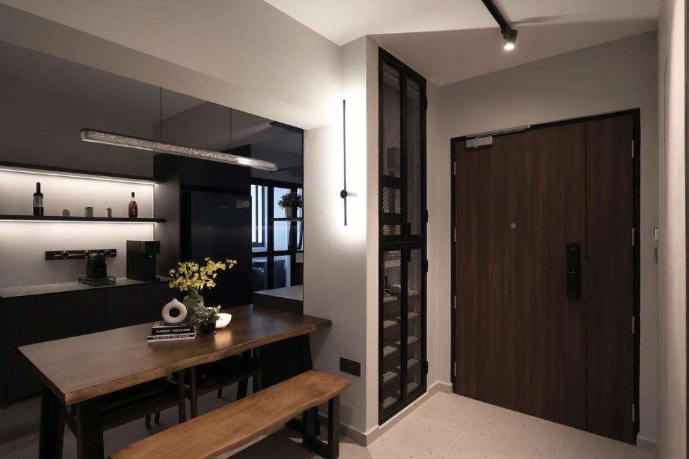 Industrial Entryway with Shoe Cabinets and Doors