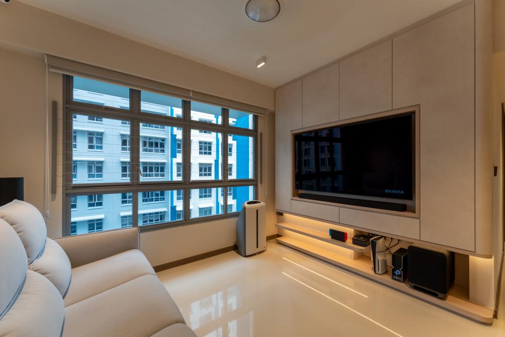 Scandinavian Living Room with Homogeneous Tiles and TV