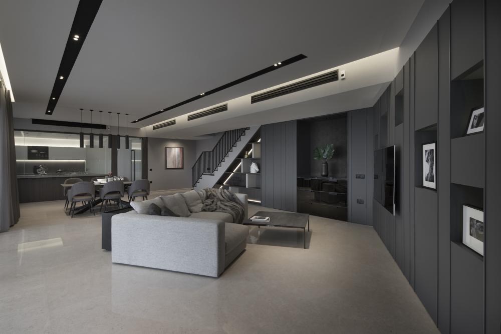 Modern Living Room with Bookshelf and Marble Floor