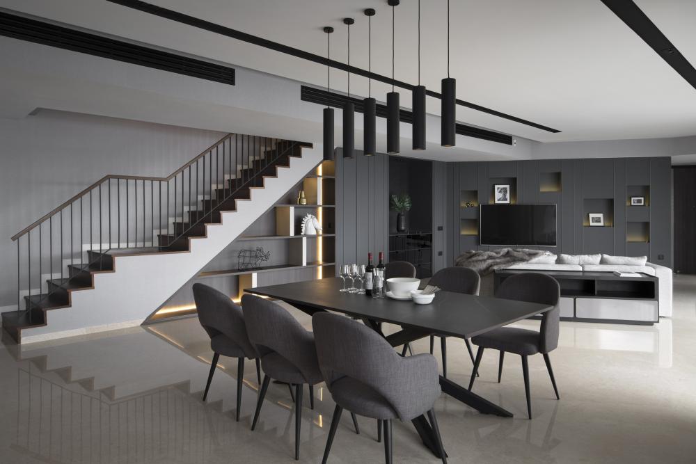 Modern Living Room with Bookshelf and Marble Floor