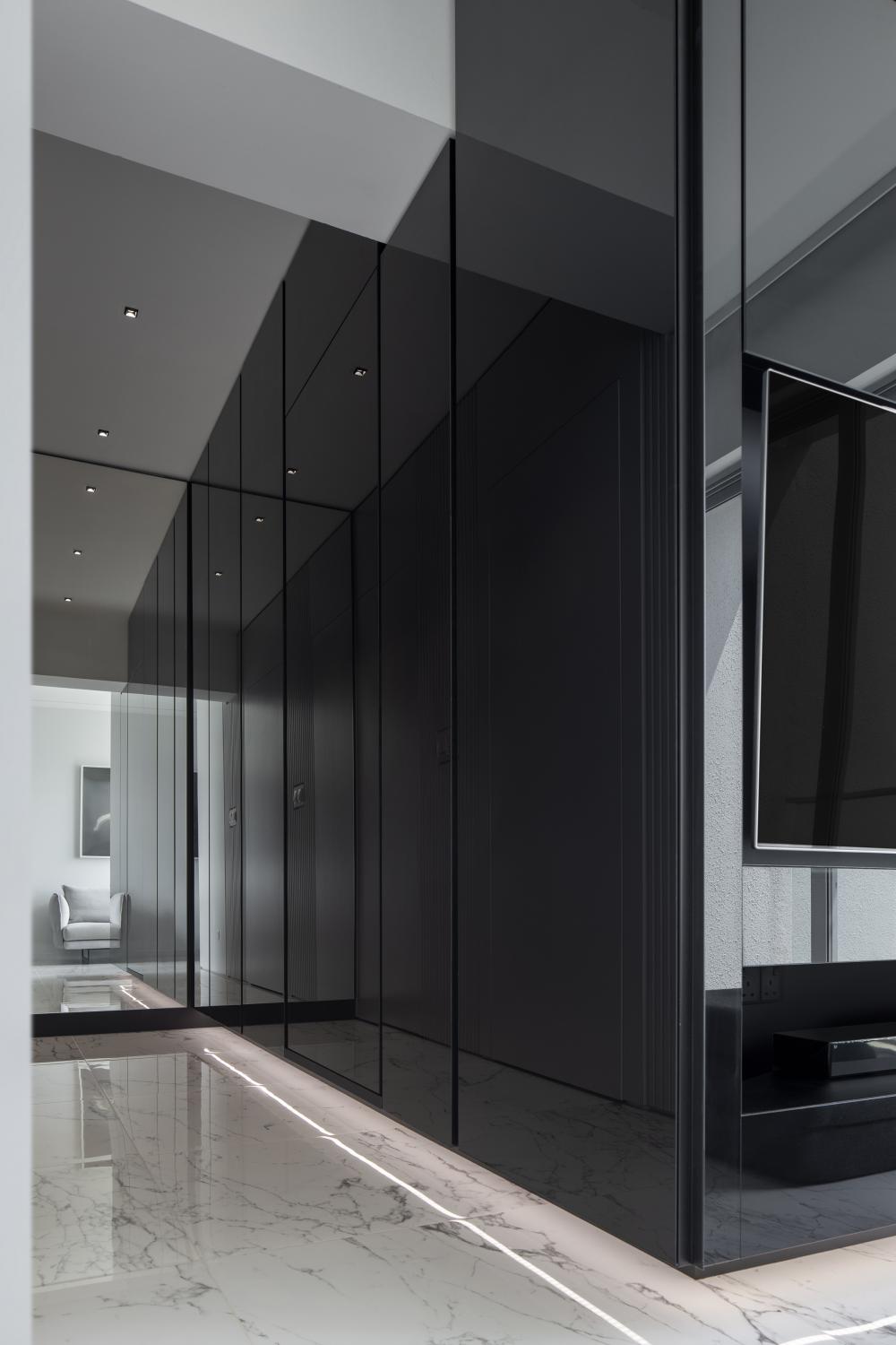 Modern Hallway with Marble Floor and Mirror