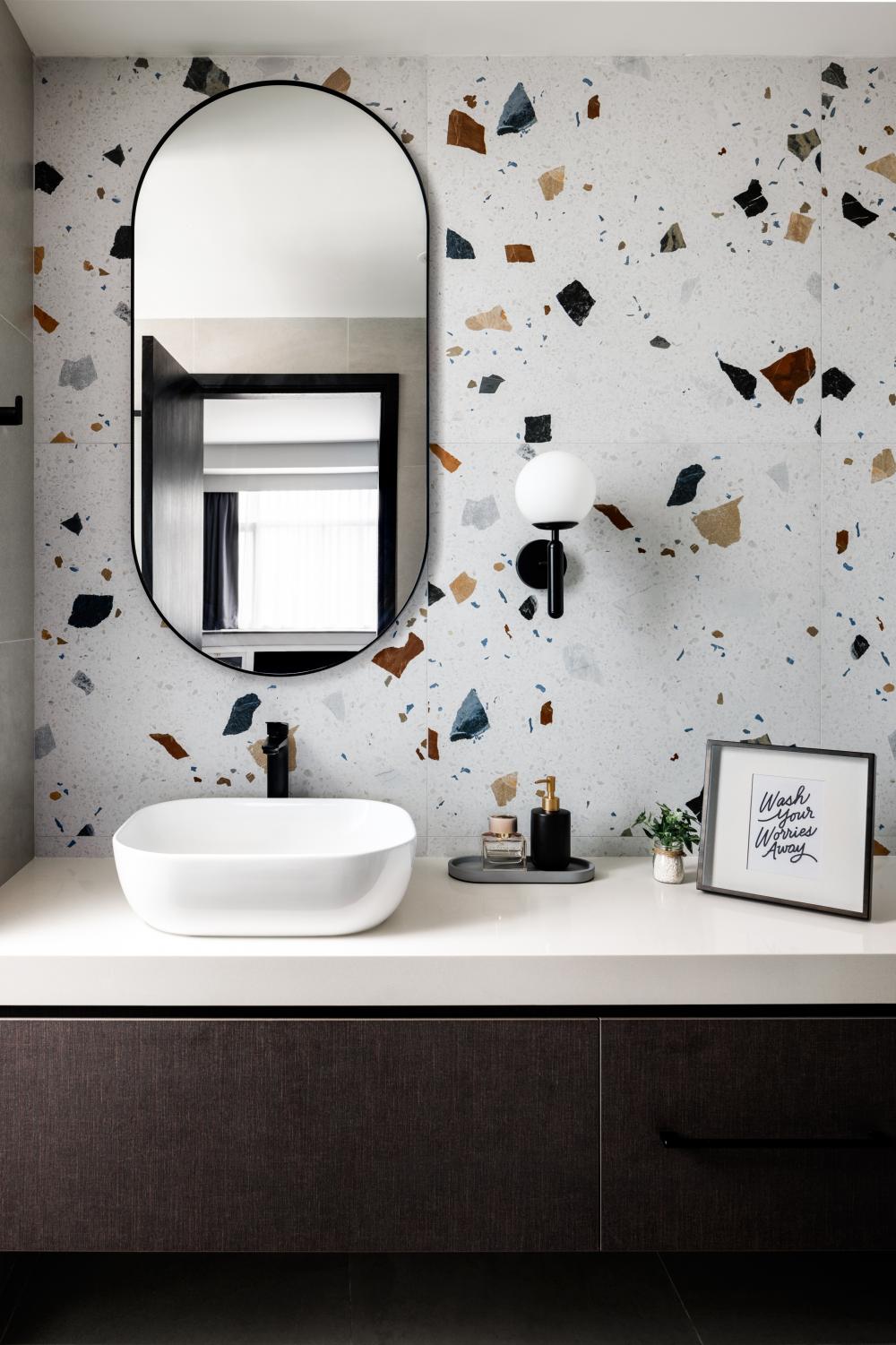 Scandinavian Bathroom with Countertop and Mirror