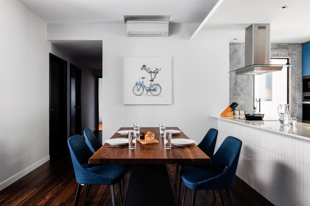 Scandinavian Dining Room with Countertop and Wood Flooring
