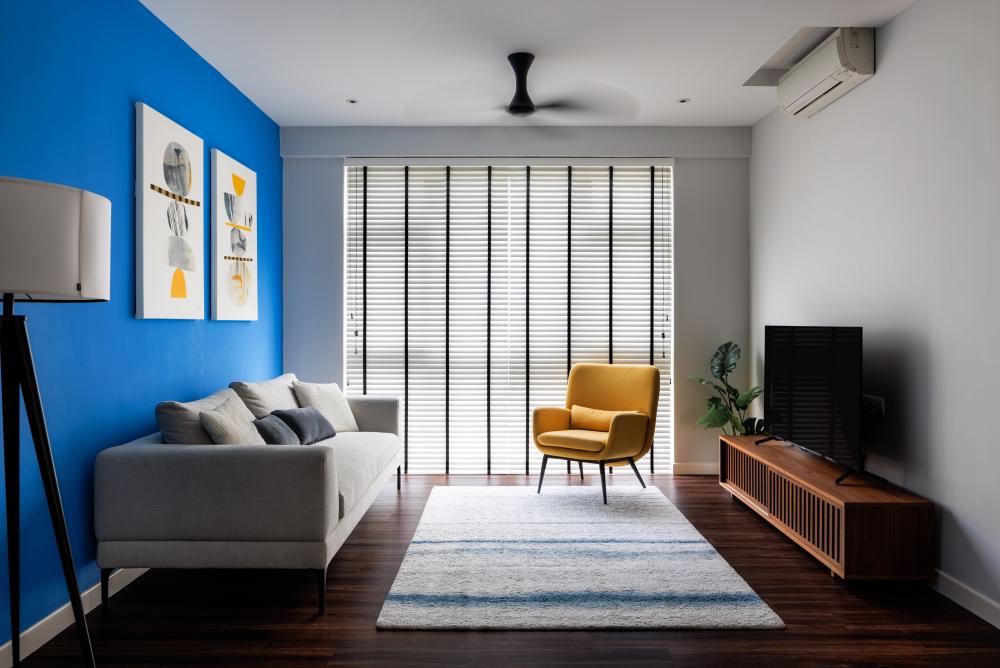 Scandinavian Living Room with Wood Flooring and TV Console