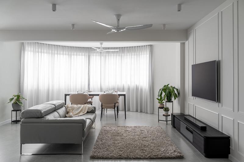 Contemporary Living Room with Homogeneous Tiles and TV Console