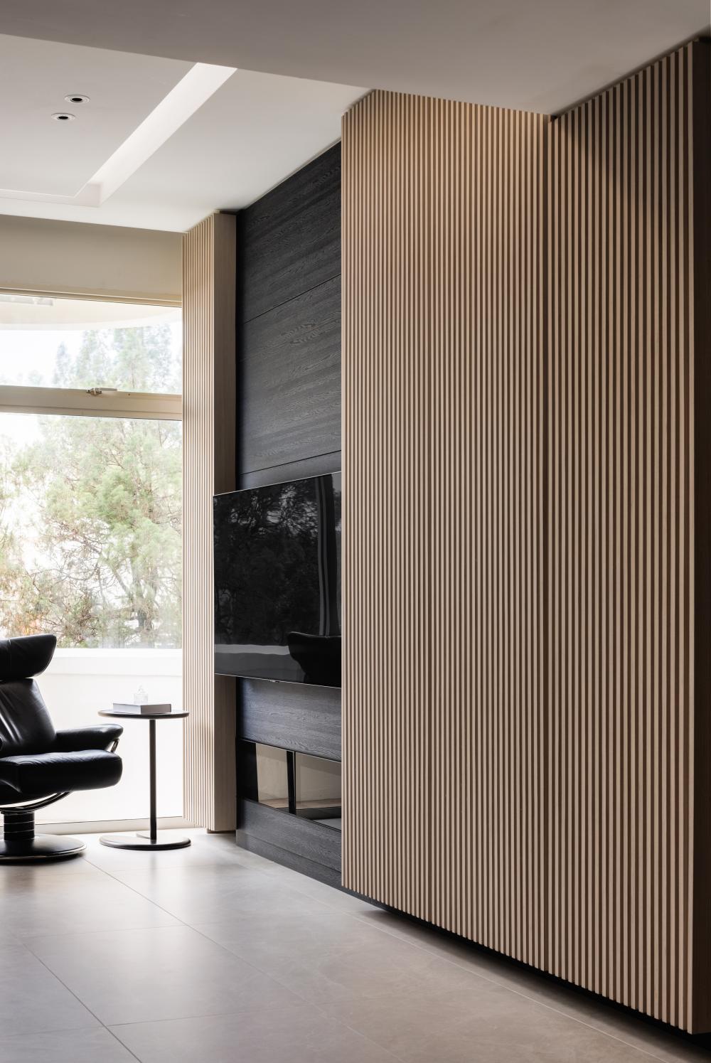 Contemporary Living Room with Homogeneous Tiles and TV Console