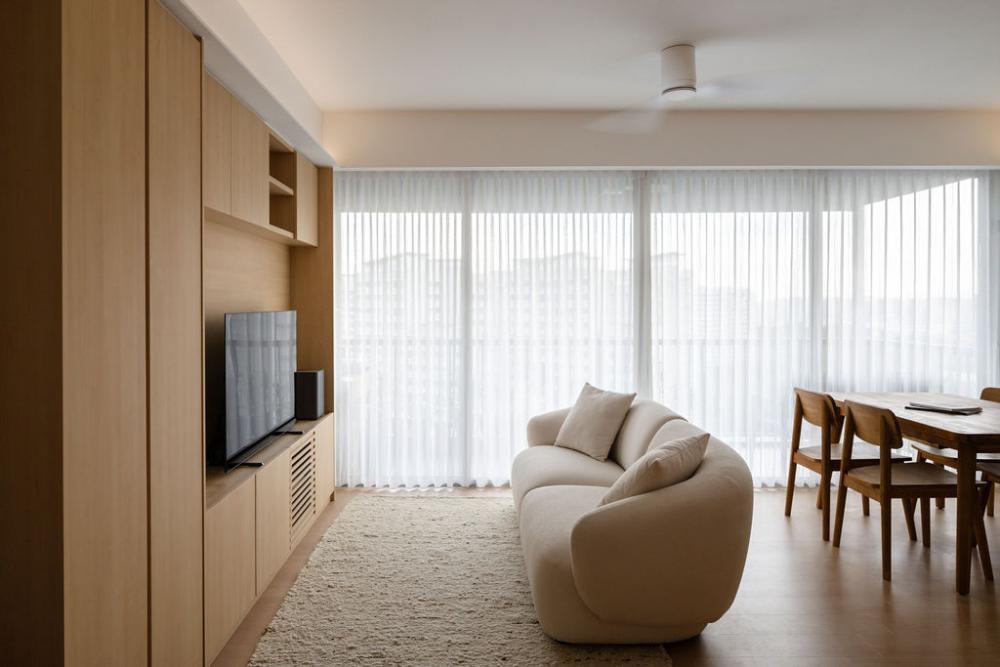 Minimalist Living Room with Wood Flooring and TV Console