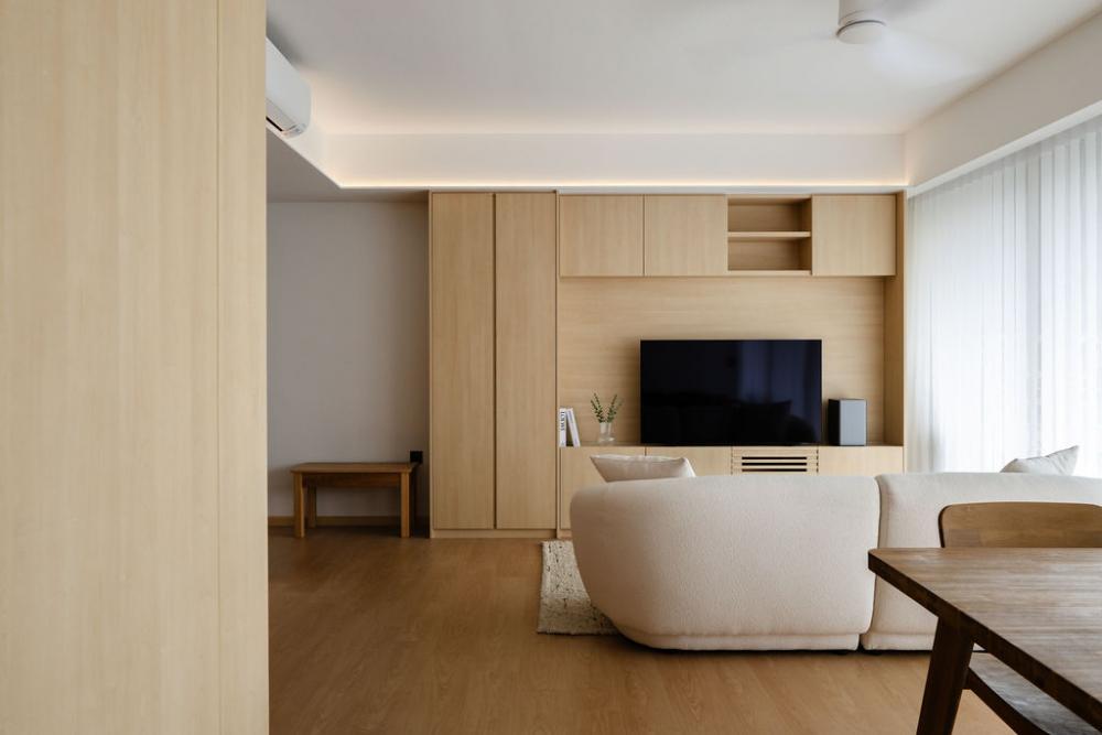Minimalist Living Room with Wood Flooring and TV Console