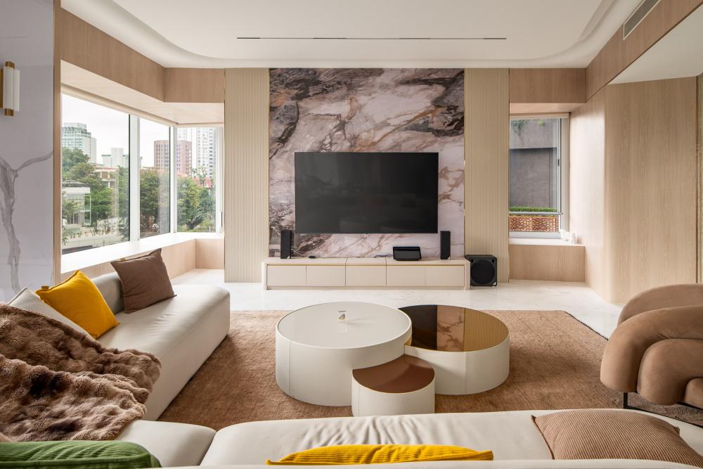 Contemporary Living Room with TV Console and Feature Wall