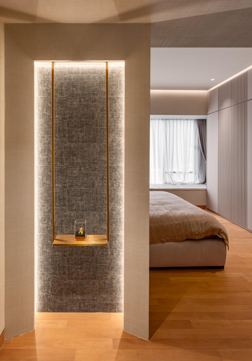Contemporary Bedroom with Bookshelf and Parquet Floor
