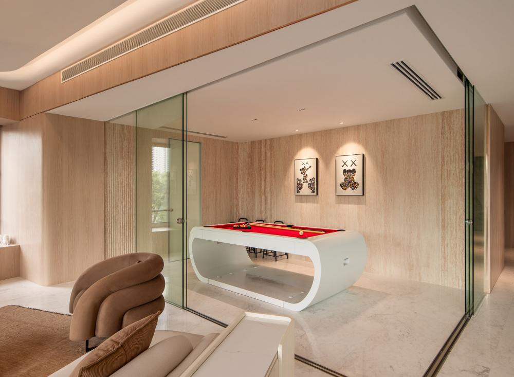 Contemporary Living Room with Feature Wall and Drop Light