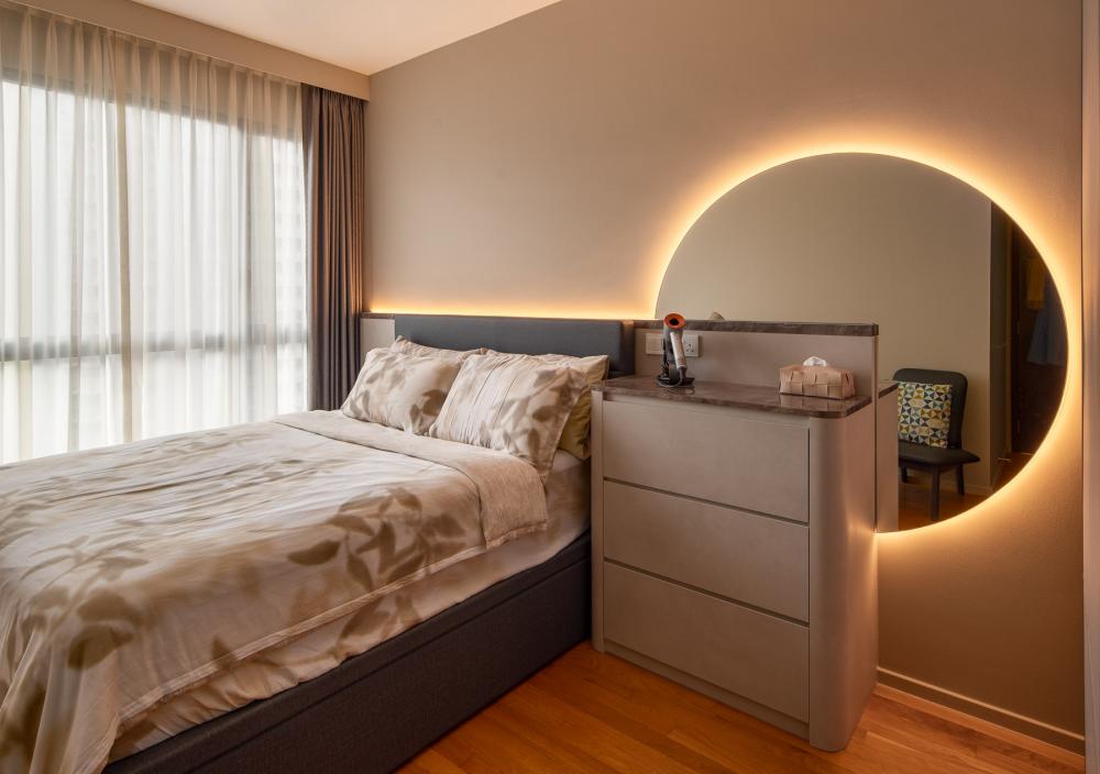 Contemporary Bedroom with Platform Bed and Parquet Floor