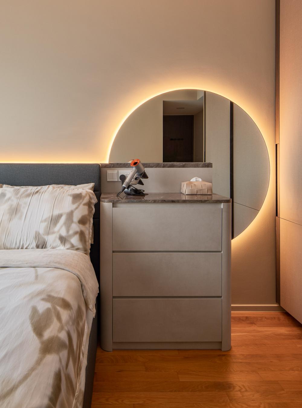 Contemporary Bedroom with Bookshelf and Platform Bed