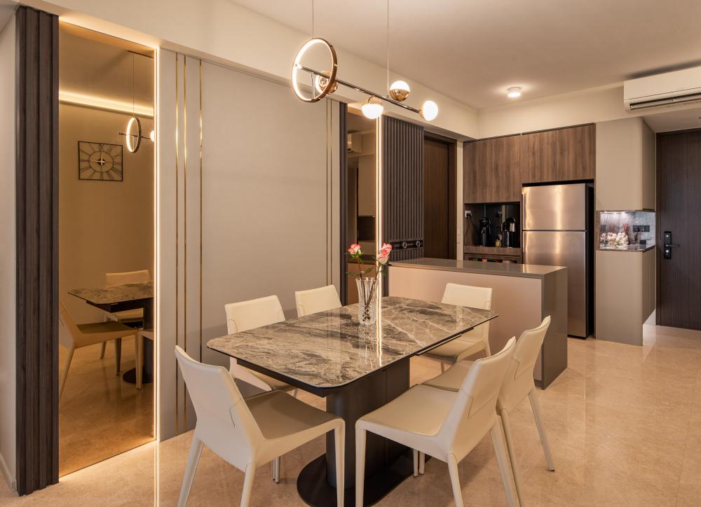 Contemporary Living Room with Marble Floor and Feature Wall