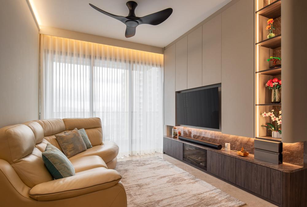 Contemporary Living Room with TV Console and Feature Wall