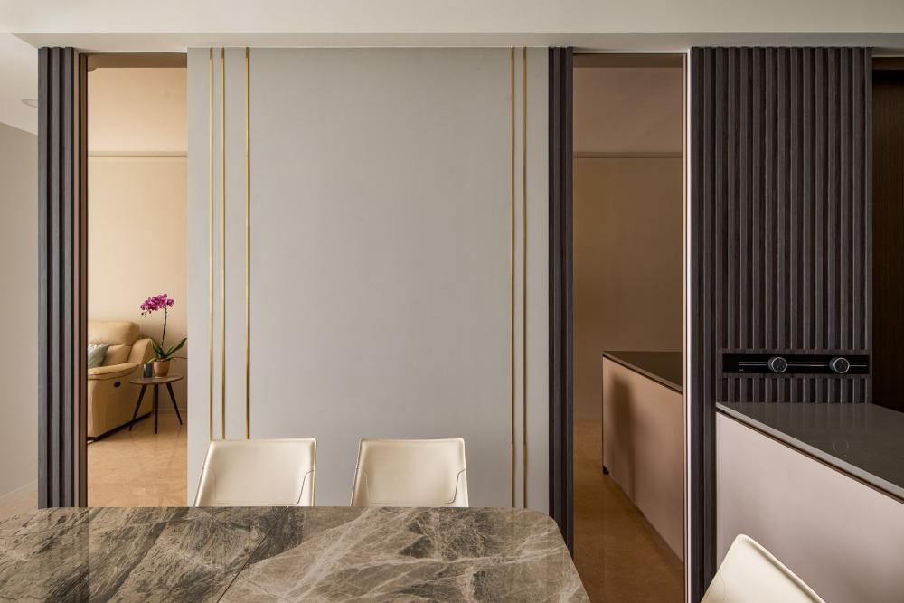 Contemporary Dining Room with Drop Ceiling and Chandelier