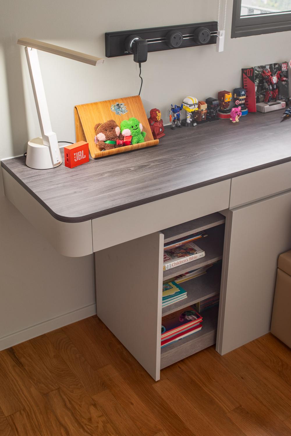 Contemporary Bedroom with Bookshelf and Bedside Table