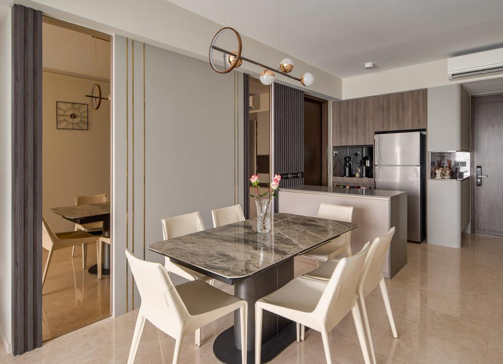 Contemporary Living Room with Homogeneous Tiles and Marble Floor