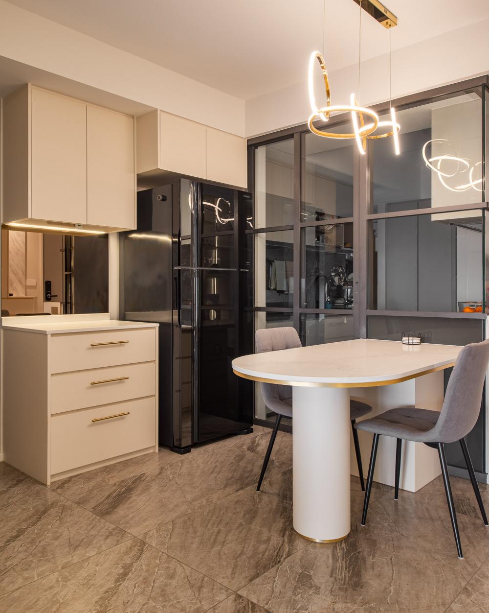 Contemporary Dining Room with Drop Ceiling and Chandelier
