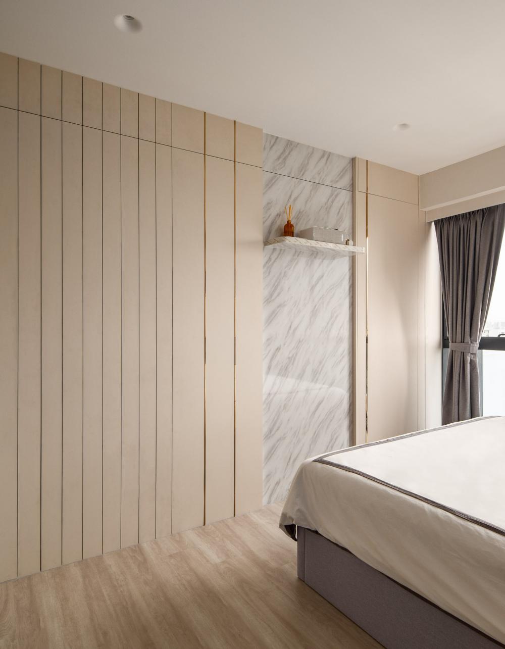 Contemporary Bedroom with Bookshelf and Vinyl Flooring