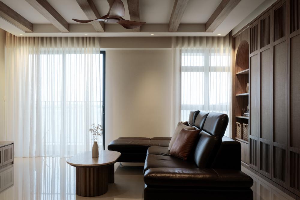 Asian Living Room with Marble Floor and Display Cabinets