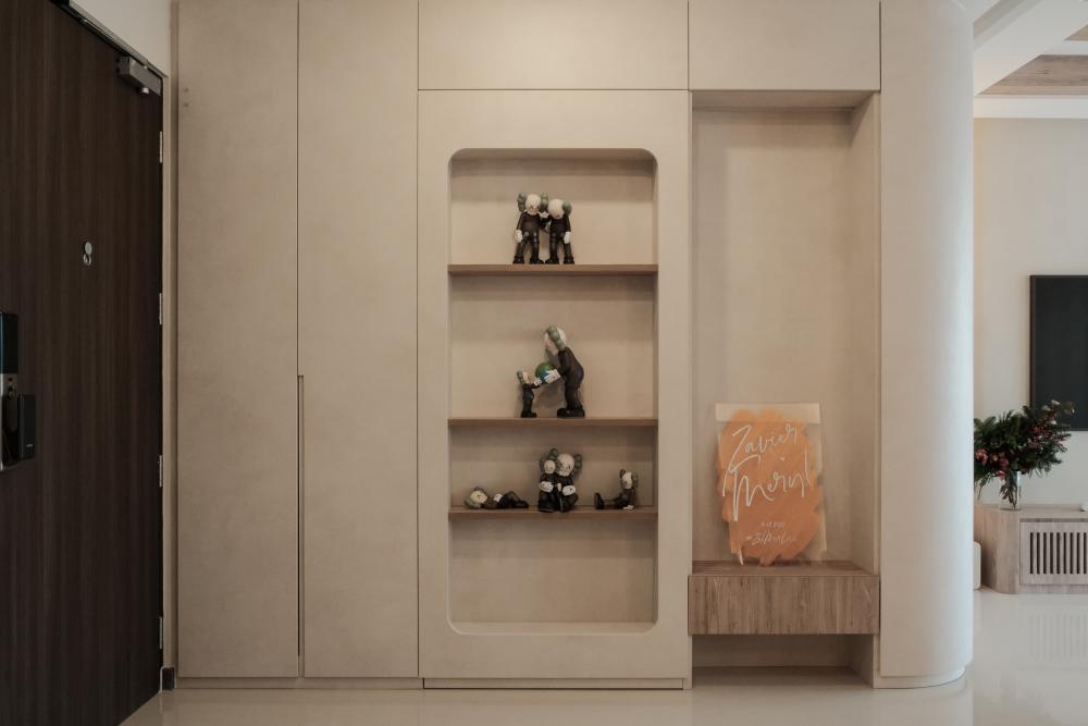 Asian Entryway with Feature Wall and Seating Bench