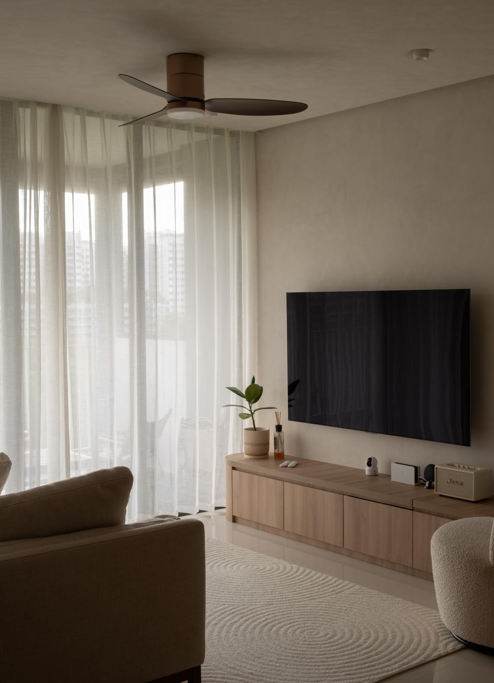 Scandinavian Living Room with Marble Floor and TV Console