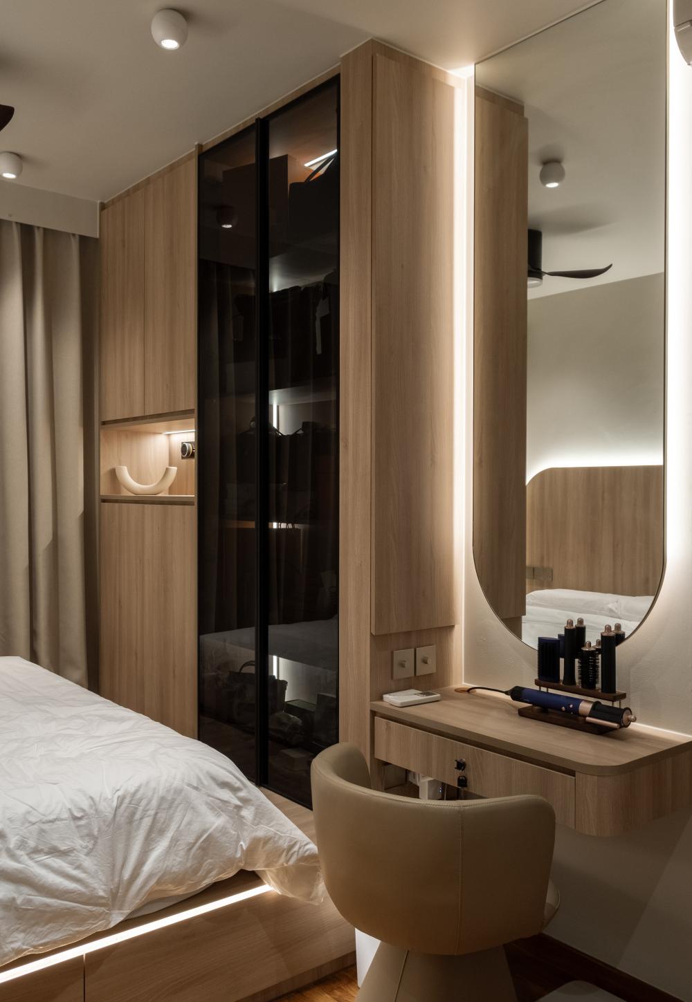 Scandinavian Bedroom with Mirror and Storage Cabinets