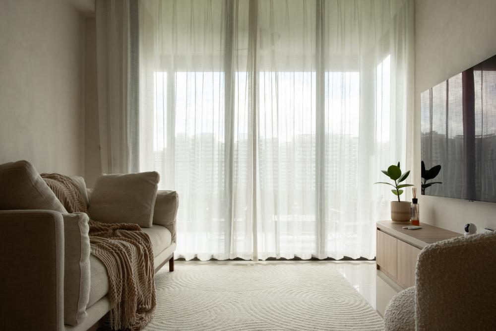 Scandinavian Living Room with TV Console and Curtain