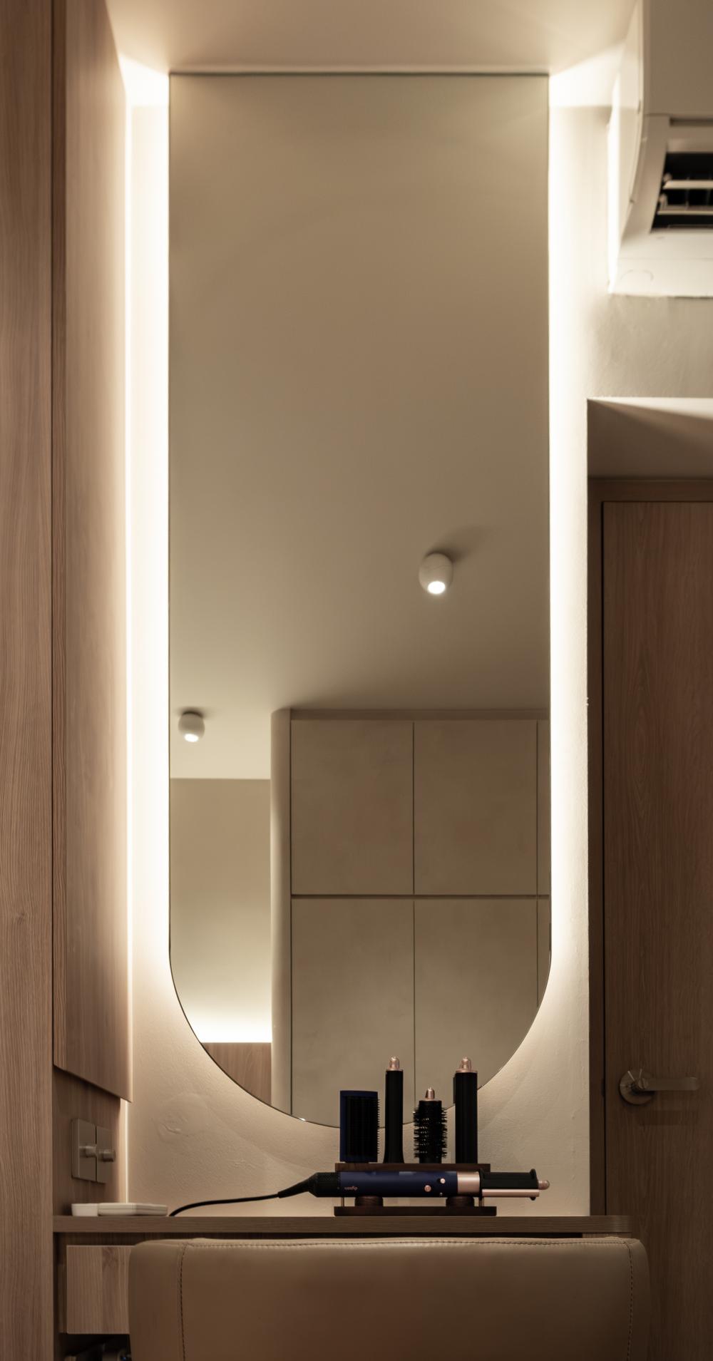 Scandinavian Bedroom with Cove Lighting and Bedroom Dresser