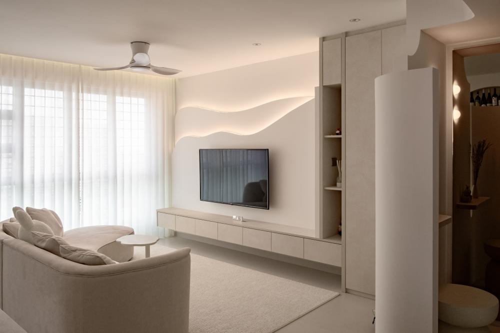 Modern Living Room with Homogeneous Tiles and Drop Ceiling
