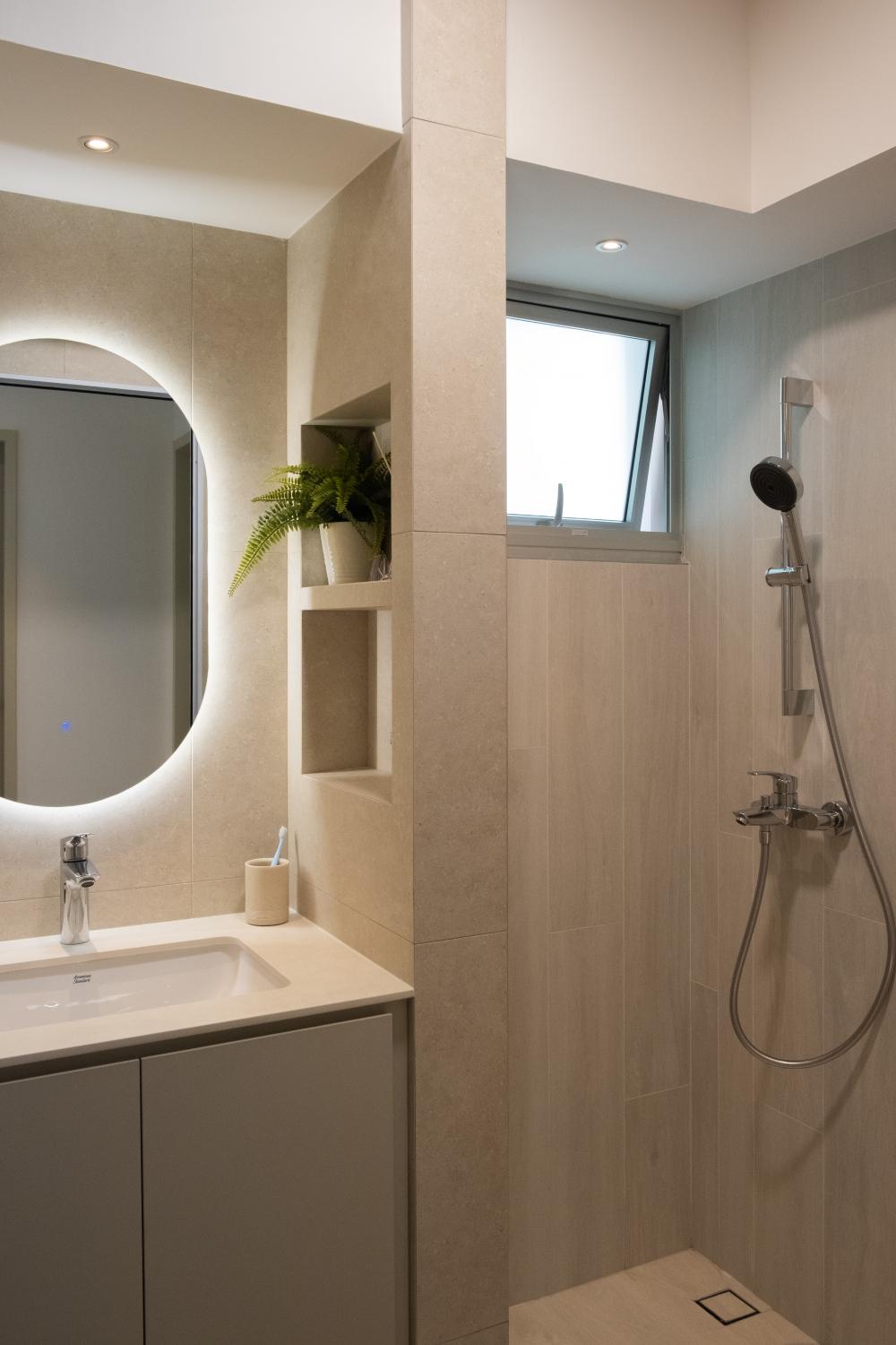 Modern Bathroom with Wood Flooring and Mirror