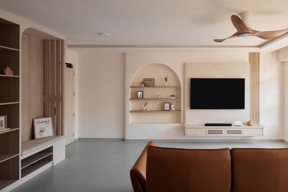 Asian Living Room with Bookshelf and TV Console