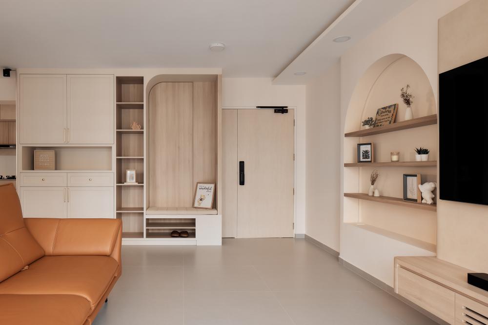 Asian Living Room with Bookshelf and TV Console
