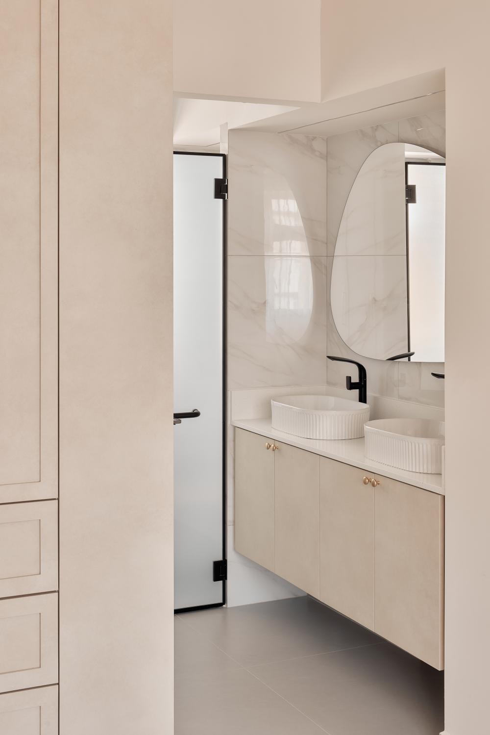 Asian Bathroom with Countertop and Mirror