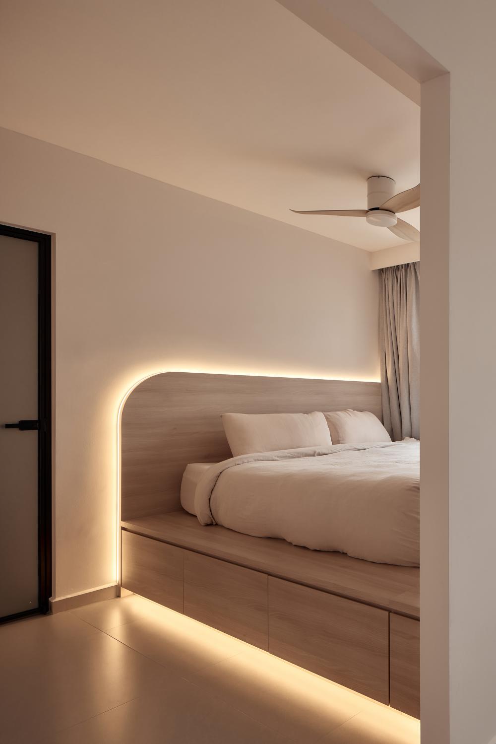 Asian Bedroom with Platform Bed and Flooring