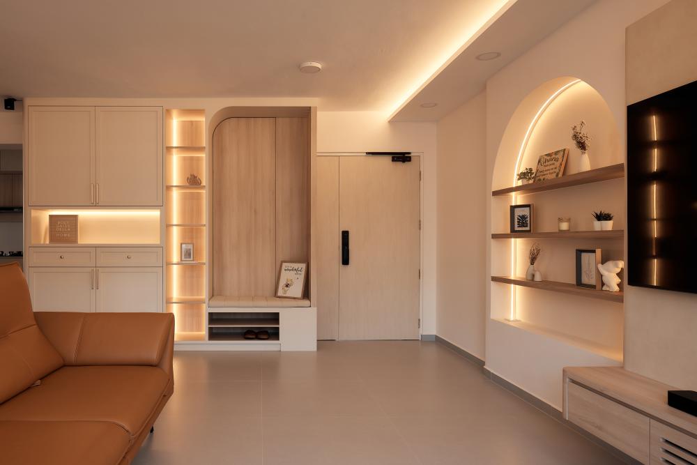 Asian Living Room with Bookshelf and TV Console