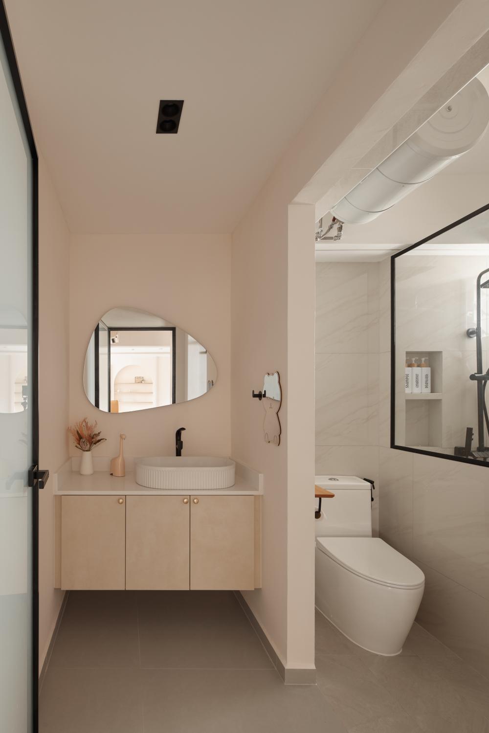 Asian Bathroom with Mirror and Bathroom Storage