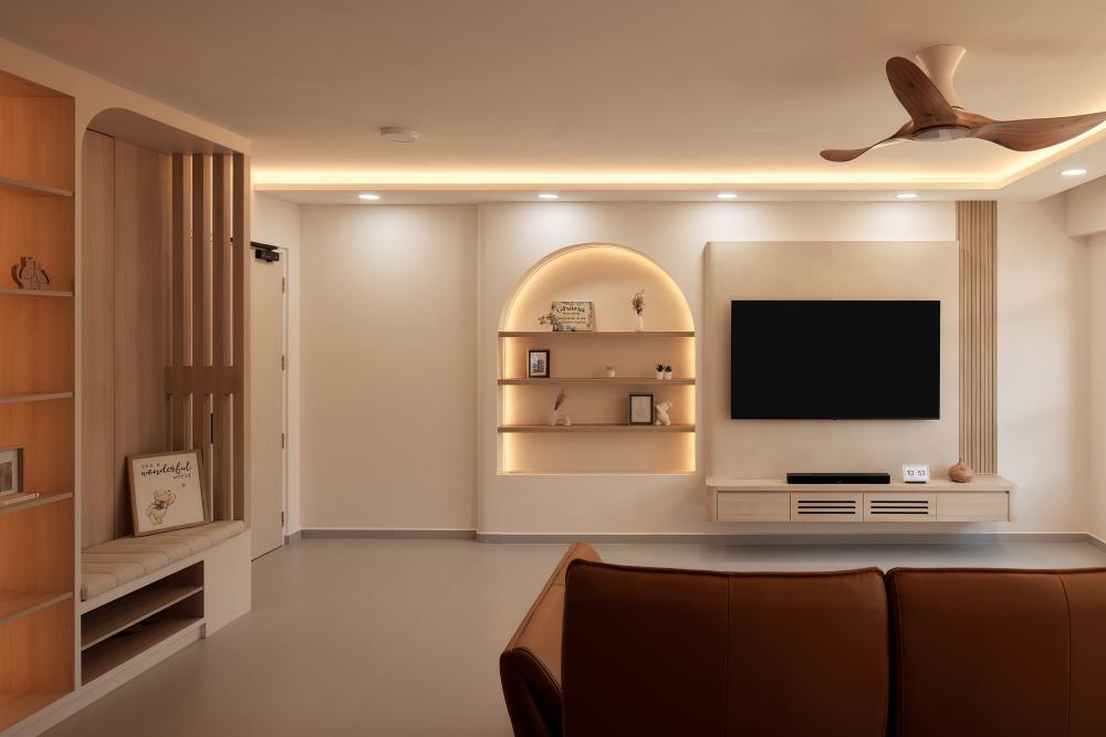 Asian Living Room with Bookshelf and Drop Light