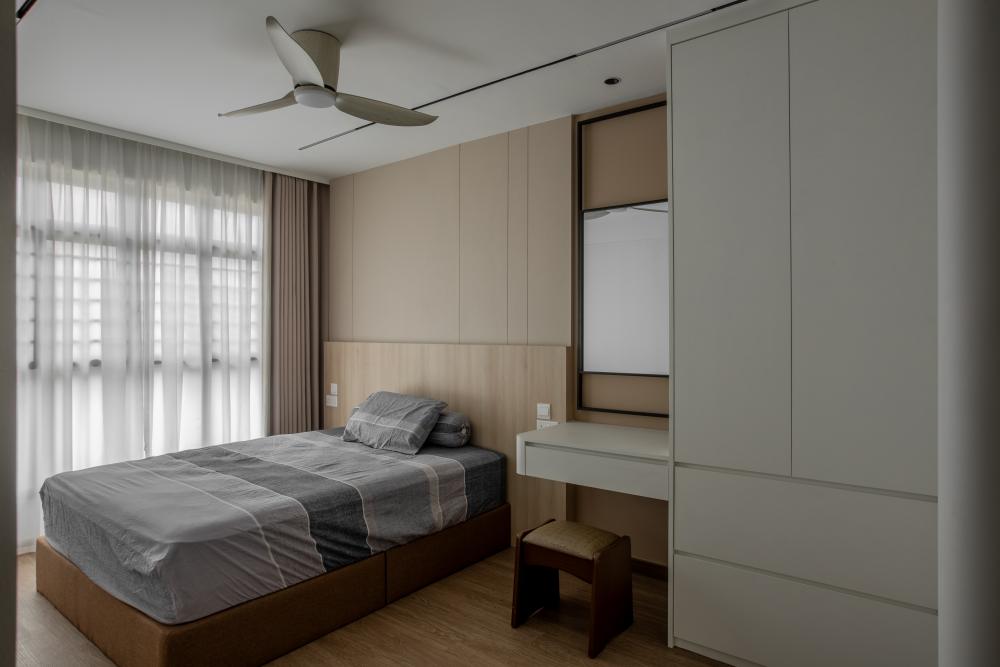 Modern Bedroom with Ceiling Light and Roller Blinds